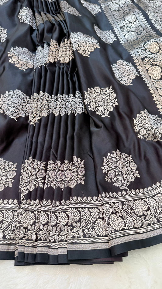 Banarasi Premium Black Mashru Silk Saree with Silver Zari Woven Paisley Pallu & Floral Border