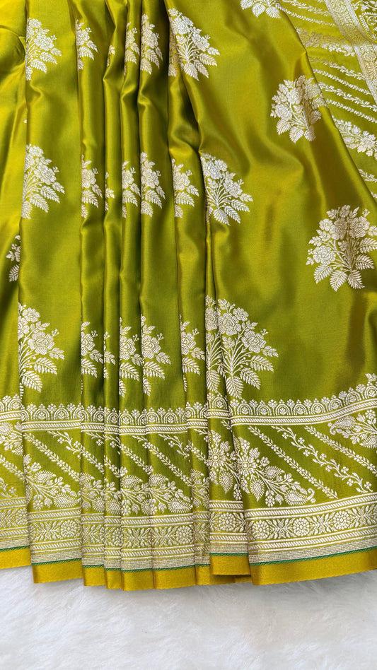 Banarasi Premium Lime Green Mashru Silk Saree with Silver Zari Floral Butis & Grand Woven Pallu