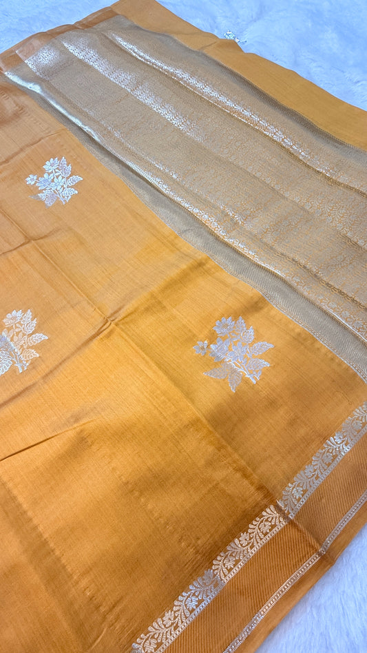 Banarasi Pure Chiniya Silk Saree in Mustard Gold with Silver Zari Floral Butti & Rich Woven Pallu