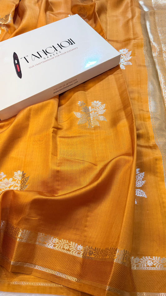 Banarasi Pure Chiniya Silk Saree in Mustard Gold with Silver Zari Floral Butti & Rich Woven Pallu