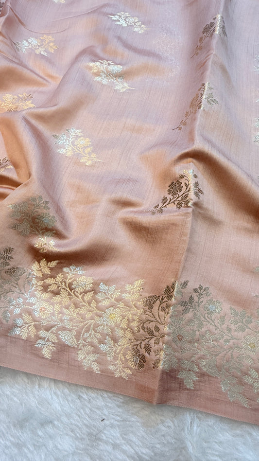 Banarasi Premium Pure Chiniya Silk Saree in Blush Peach with Silver Zari Floral Weaving & Elegant Woven Pallu