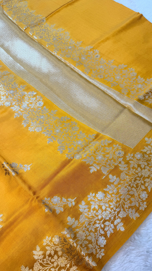Banarasi Premium Pure Chiniya Silk Saree in Mustard Yellow with Silver Zari Floral Weaving & Rich Woven Pallu
