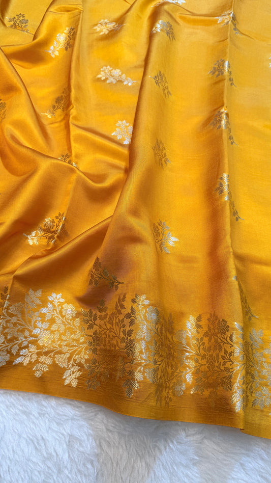 Banarasi Premium Pure Chiniya Silk Saree in Mustard Yellow with Silver Zari Floral Weaving & Rich Woven Pallu
