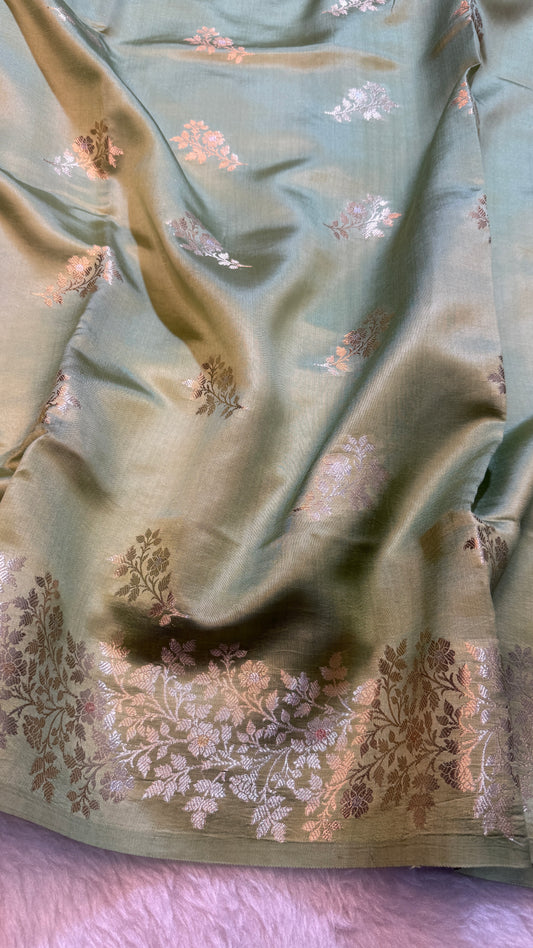 Banarasi Premium Pure Chiniya Silk Saree in Sage Green with Silver Zari Floral Weaving & Rich Woven Pallu