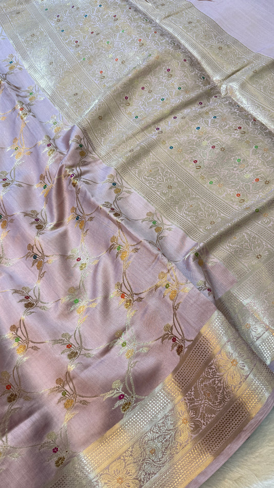 Banarasi Premium Pure Chiniya Silk Saree in Blush Pink with Multicolor Meena Floral Weaving & Rich Silver Zari Pallu