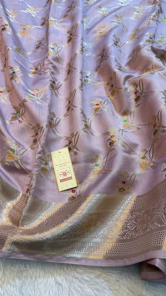 Banarasi Premium Pure Chiniya Silk Saree in Blush Pink with Multicolor Meena Floral Weaving & Rich Silver Zari Pallu
