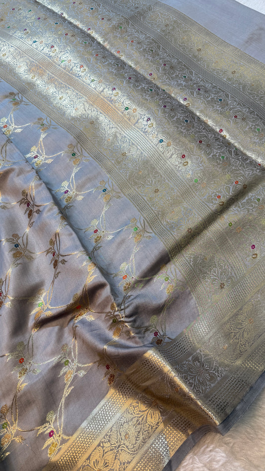 Banarasi Premium Pure Chiniya Silk Saree in Pearl Grey with Multicolor Meena Floral Weaving & Rich Silver Zari Pallu