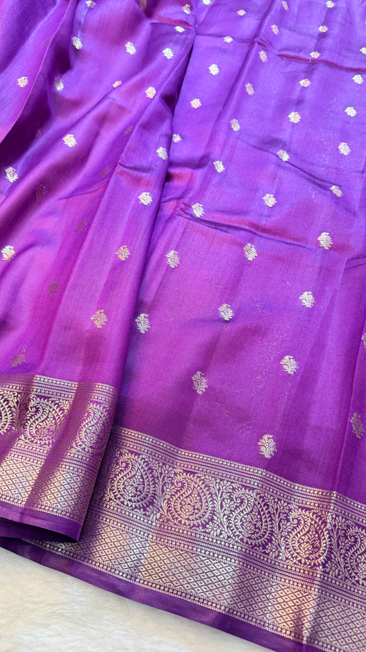 Banarasi Pure Chiniya Silk Saree in Royal Purple with Gold Zari Buti & Traditional Banarasi Border