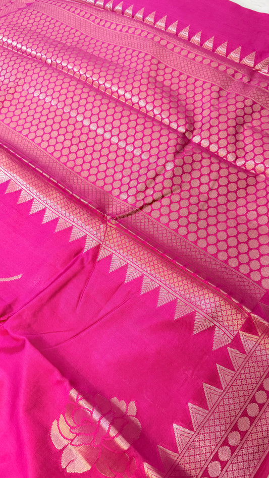 Banarasi Pure Chiniya Silk Saree in Rani Pink with Gold Zari Polka Weaving & Traditional Banarasi Border