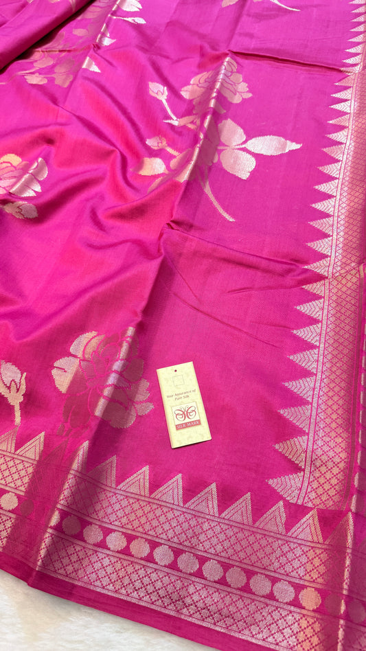Banarasi Pure Chiniya Silk Saree in Rani Pink with Gold Zari Polka Weaving & Traditional Banarasi Border