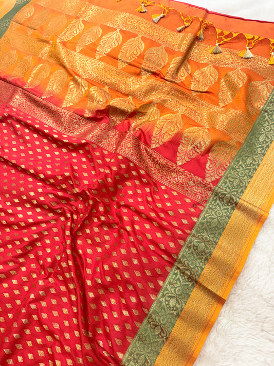 Banarasi Premium Soft Silk Saree in Red Pink & Orange with Gold Zari Buttas and Contrast Green Border