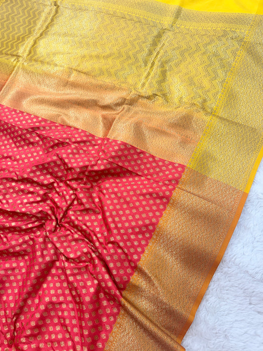 Banarasi Premium Soft Silk Saree in Red Pink & yellow with Gold Zari Buttas and Contrast Green Border
