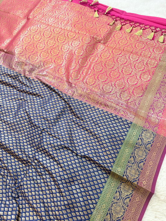 Banarasi Premium Soft Silk Saree in Blue & Rani with Gold Zari Buttas and Contrast Green Border