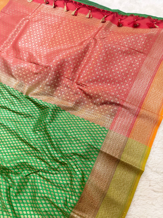 Banarasi Premium Soft Silk Saree in Green & Red with Gold Zari Buttas and Contrast Green Border
