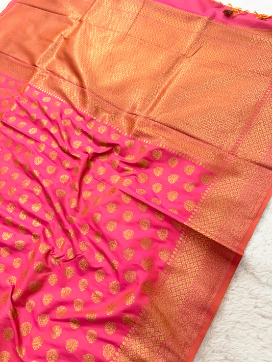 Banarasi Premium Soft Silk Saree in Rani Pink & rani with Gold Zari Buttas and Contrast Rani Border