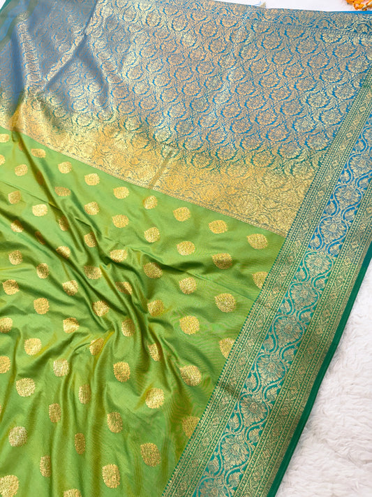 Banarasi Premium Soft Silk Saree in Green & Blue with Gold Zari Buttas and Contrast Blue Border