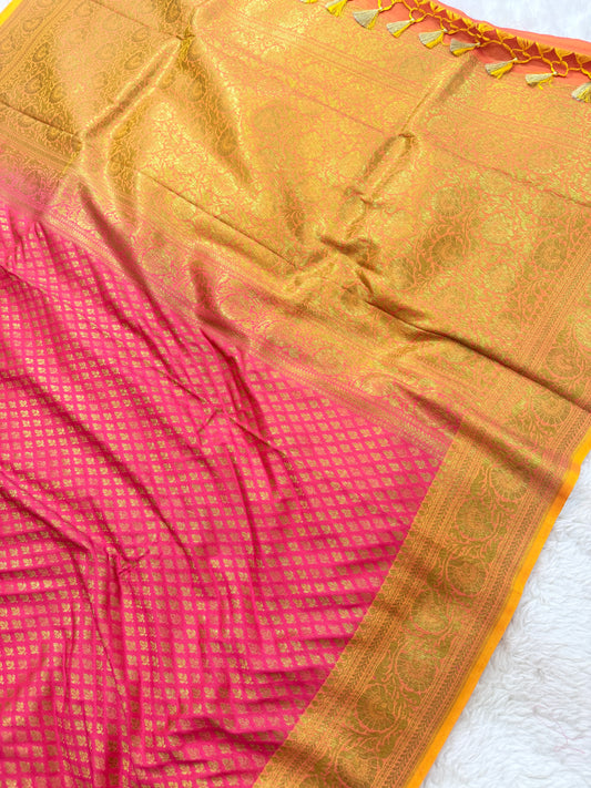Banarasi Premium Soft Silk Saree in Rani Pink & Yellow with Gold Zari Buttas and Contrast Yellow Border