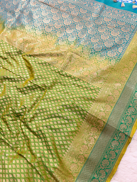 Banarasi Premium Soft Silk Saree in Green & Blue with Gold Zari Buttas and Contrast Green Border