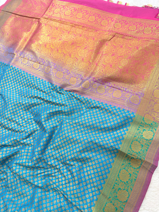 Banarasi Premium Soft Silk Saree in Blue & Rani with Gold Zari Buttas and Contrast Rani Border