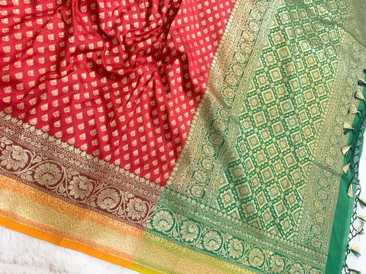 Banarasi Premium Soft Silk Saree in Red & Green with Gold Zari Buttas and Contrast Green Border