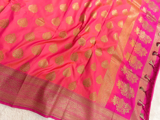 Banarasi Premium Soft Silk Saree in Baby Pink & Rani with Gold Zari Buttas and Contrast Rani Border
