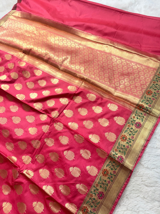Banarasi Premium Pink Paper Silk Saree with Gold Zari Buttas & Multicolor Floral Border