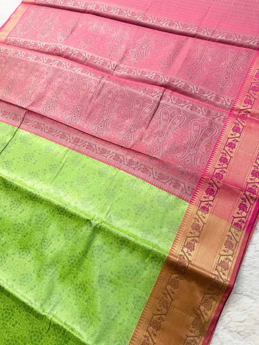 Banarasi Premium Paper Silk Saree in Lime Green & Pink with Paisley Zari Pallu