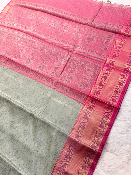 Banarasi Premium Paper Silk Saree in Pastel Green & Pink with Paisley Zari Pallu