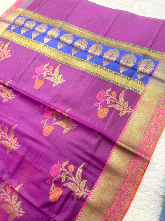 Banarasi Premium Cotton Linen Silk Saree in Charcoal Black with Multicolor Floral Motifs & Pink Zari Pallu