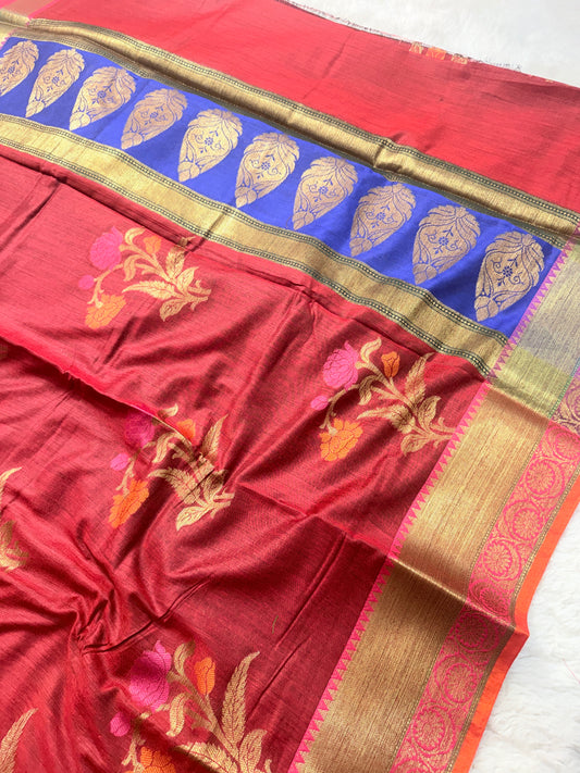 Banarasi Premium Cotton Linen Silk Saree in Wine Red with Blue Contrast Pallu & Multicolor Floral Motifs