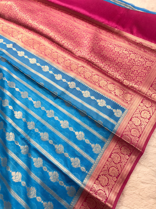 Banarasi Premium Joljhat Silk Saree in Sky Blue & Magenta with Rich Zari Floral Weaving