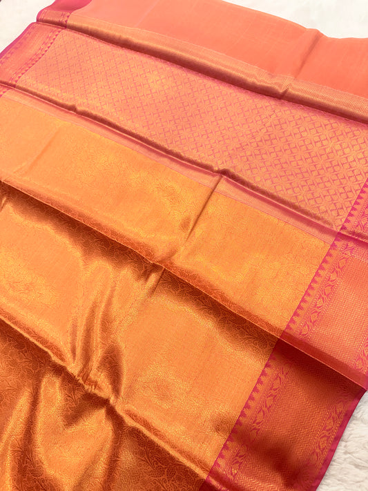 Banarasi Premium Paper Silk Saree in Peach Orange with Antique Zari Weave & Designer Border