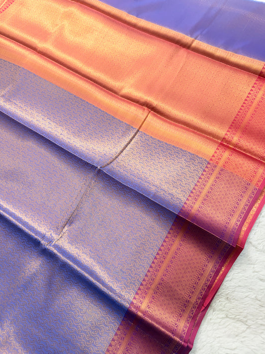 Banarasi Premium Paper Silk Saree in Lavender Blue with Antique Gold Zari Weave & Rani Pink Border