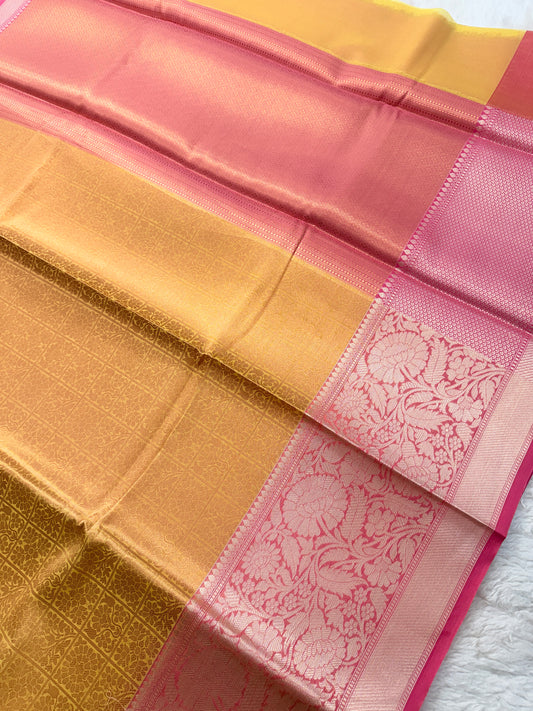 Banarasi Title Premium Paper Silk Saree in Mustard Yellow & Peach Pink with Floral Zari Border