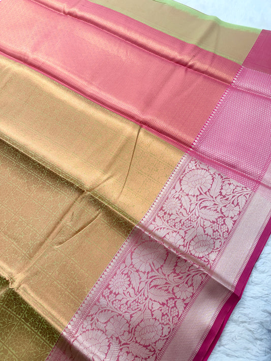 Banarasi Premium Paper Silk Saree in Golden Beige & Peach Pink with Floral Zari Border