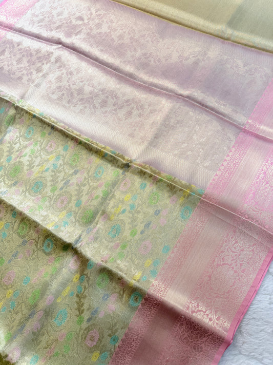 Banarasi Premium Paper Tissue Silk Saree in Pastel Gold & Blush Pink with Multicolor Floral Weaving