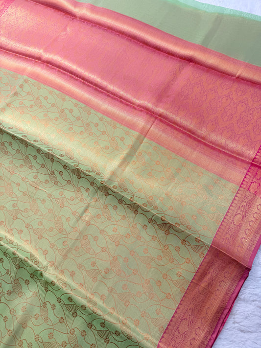 Banarasi Title Premium Brocade Tissue Mashru Silk Saree in Pastel Green & Blush Pink with Floral Zari Weave
