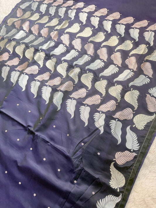 Banarasi Premium Mashru Silk Saree in Deep Purple with Multicolor Leaf Motifs & Zari Buttas