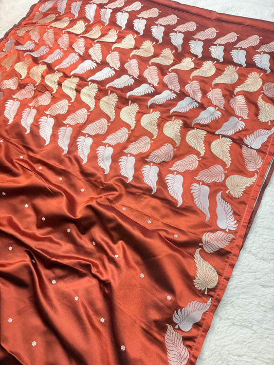 Banarasi Premium Mashru Silk Saree in Rust Orange with Multicolor Leaf Motifs & Zari Buttas