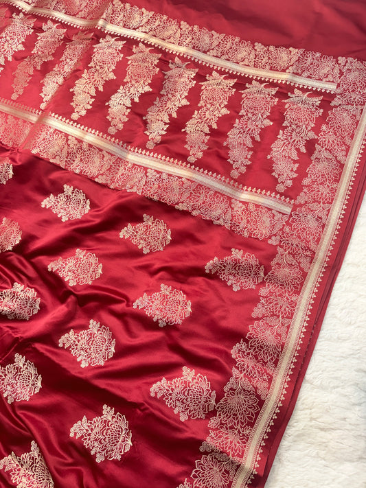 Banarasi Royal Crimson Mehroon Mashru Silk Saree with Antique Gold Zari Floral Boota & Grand Woven Pallu