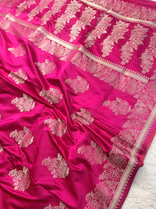 Banarasi Fuchsia Pink Mashru Silk Saree with Roze Gold Zari Buttas & Grand Paisley Border