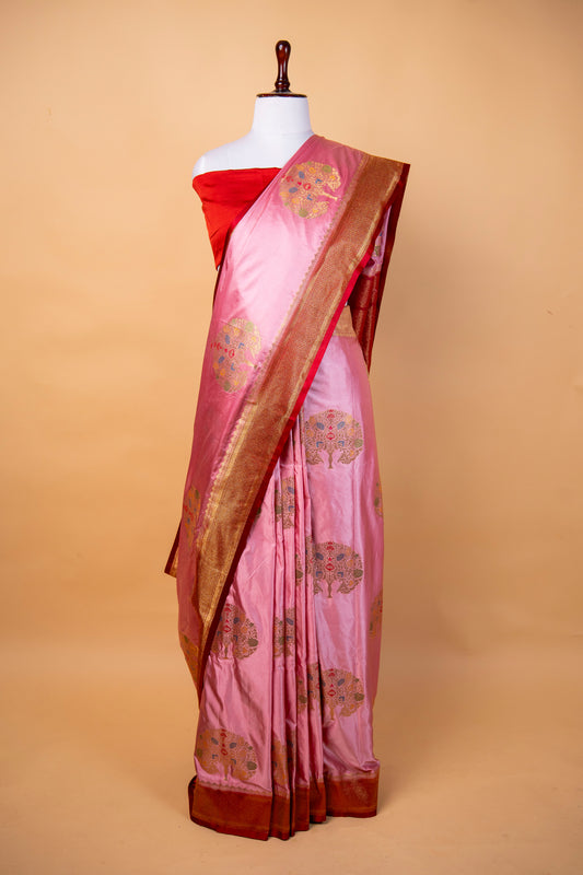 Banarasi Baby Pink Mashru Silk Saree with Gold Zari Tree Motifs and Contrast Red Border