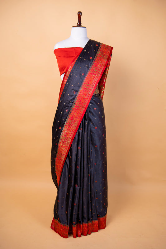 Banarasi Navy Blue Mashru Silk Saree with Red Traditional Woven Border