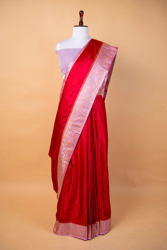 Banarasi Rani Red Mashru Silk Saree with Elegant Zari Border