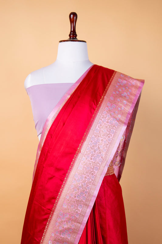 Banarasi Rani Red Mashru Silk Saree with Elegant Zari Border