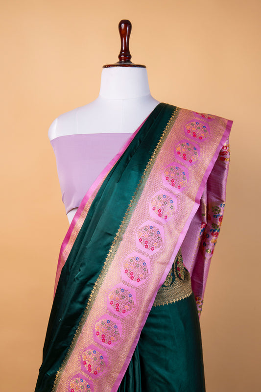 Banarasi Peacock Green Mashru Silk Saree with Meenakari Woven Border