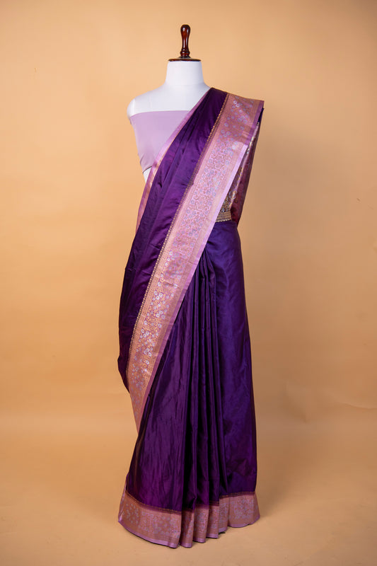 Banarasi Royal Purple Mashru Silk Saree with Elegant Zari Woven Border