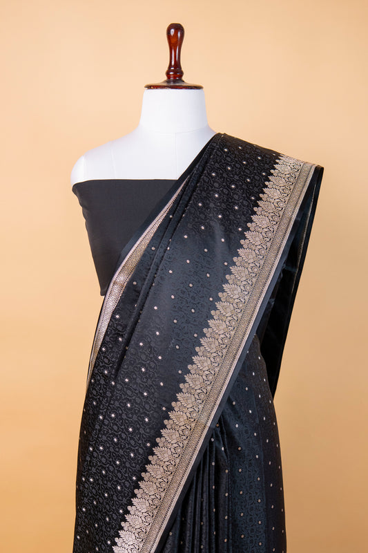 Banarasi Midnight Black Mashru Silk Saree with Silver Zari Floral Border