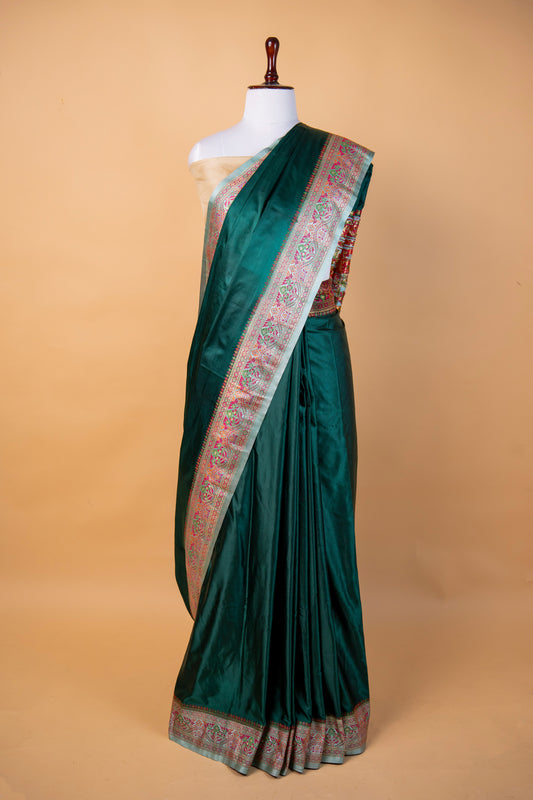 Banarasi Emerald Green Mashru Silk Saree with Intricate Meena Border