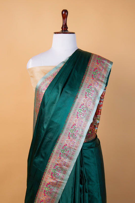 Banarasi Emerald Green Mashru Silk Saree with Intricate Meena Border